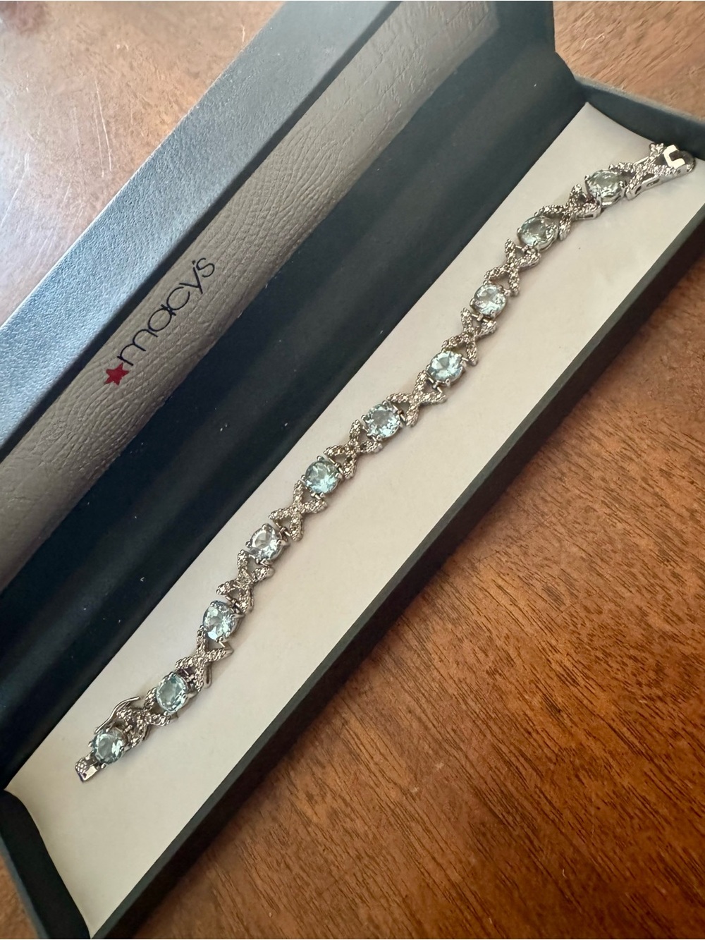 Macy's Silver Aquamarine-Blue Crystal NWT tennis Bracelet XOXO